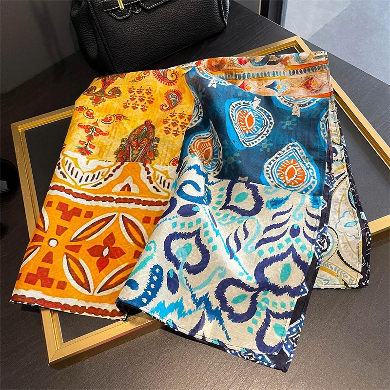 

Дизайнерский квадратный шейный платок с цветочным принтом 65 см, женский шарф из натурального шелка, роскошная хлопковая шаль с принтом 2025, женский хиджаб, бандана, повязка на голову