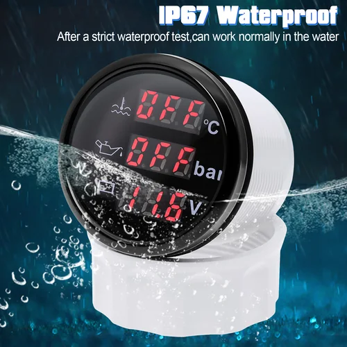 Imagen 2 del producto Tacómetro multifunción impermeable, medidor de presión de aceite, nivel de combustible, Sensor de voltaje con LED rojo, 12V/24V, 52mm, 3 en 1