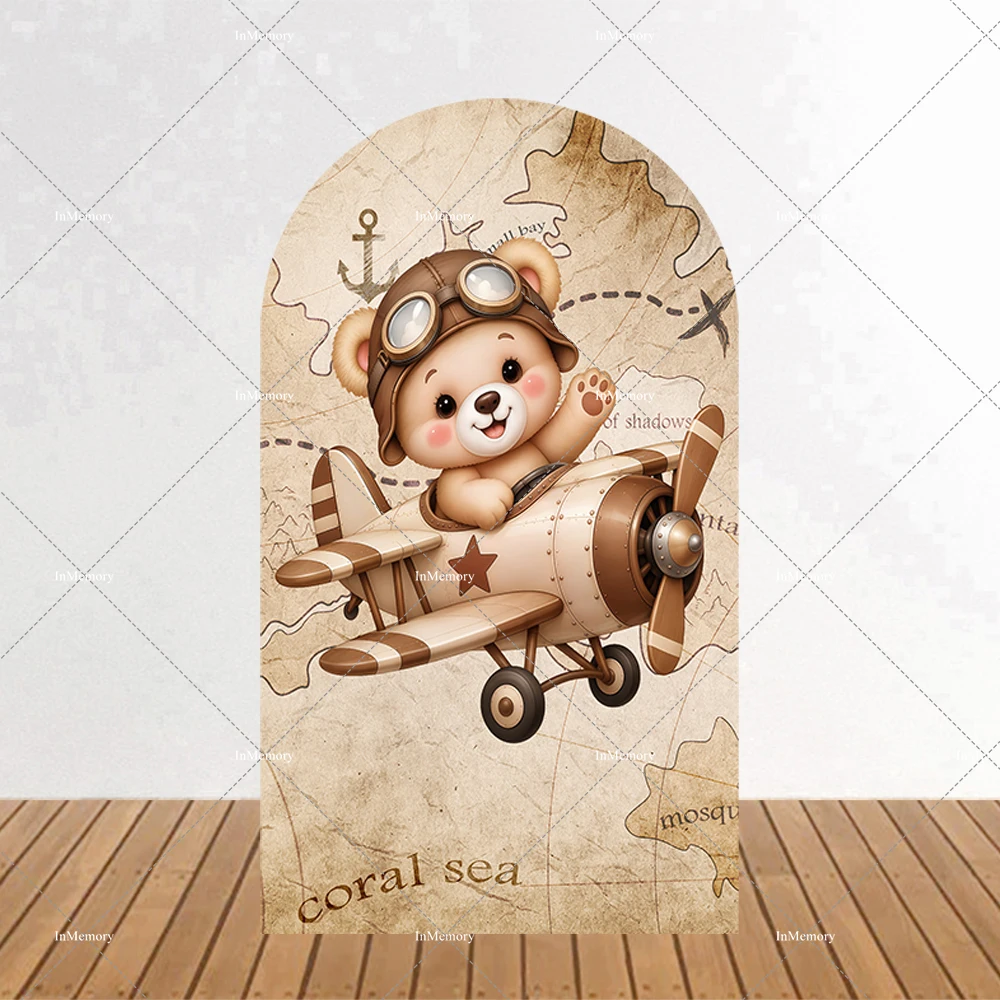 Adventure Travel Theme Arch Backdrop Cover Bear Airplane Map Brown Plaid Photography Backgrounds Birthday Party Arched Banner