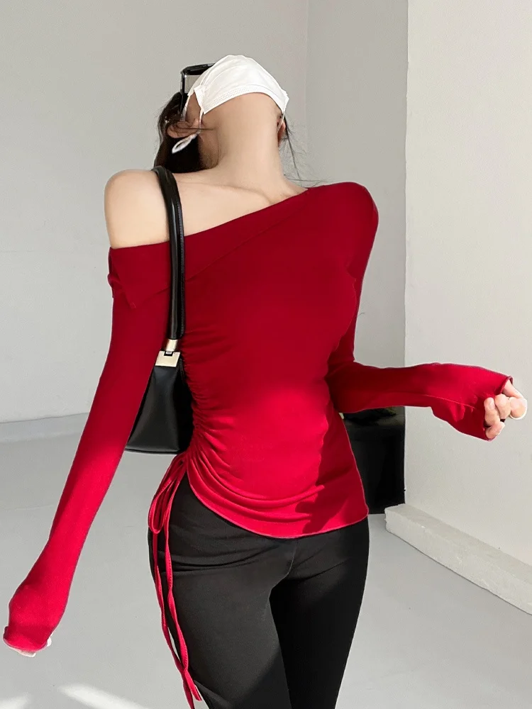 

Ele Sexy Sister Sle Long Sve oulder Bared Elastic All-Match Overhead T-irt Women's Faion Spring Season Casual ...