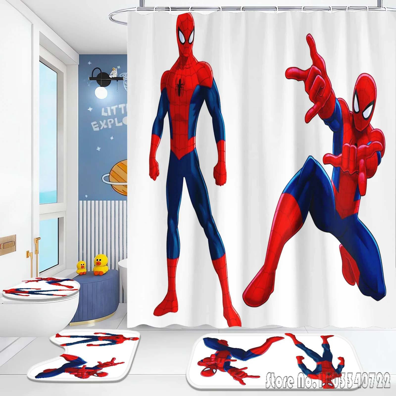 Juego de cortinas de ducha de baño de Anime de Spider Man de Disney, 4 Uds. Con ganchos, alfombrilla impermeable para baño, decoración de tapa