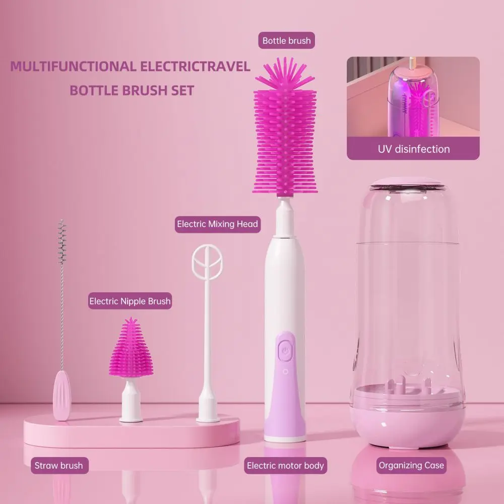 Electric Travel Baby Bottle Brush Set, Electric Bottle Brush Cleaner, Silicone Bottle, Nipple & Straw Brush