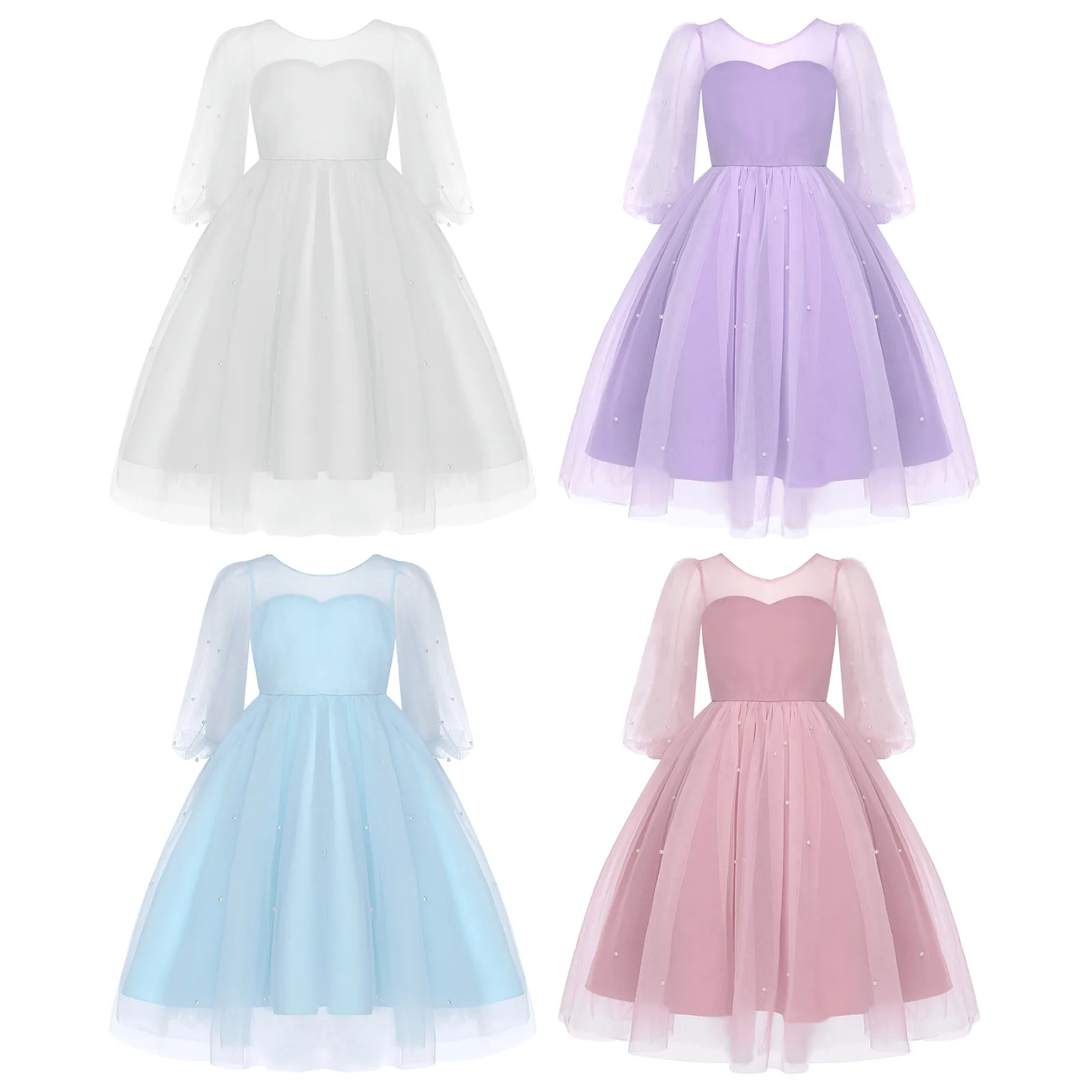 

Kids Girls Tulle Princess Dress Short Puff Sleeves Back Deep V Gown Bowknot Faux Pearls Dress for Wedding Pageant Prom Costume