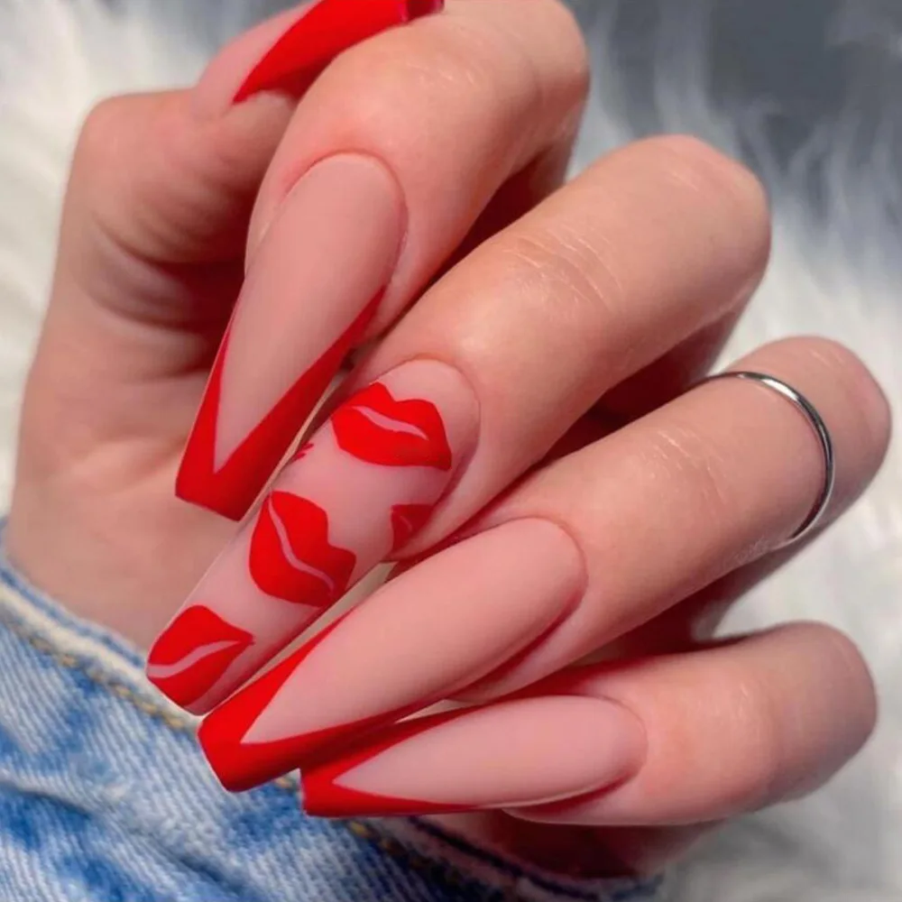 

24pcs Matte Red Lips Print French Press-On Nails with Pink Base, Long Coffin Shape, Assorted Sizes Fake Nail For Women