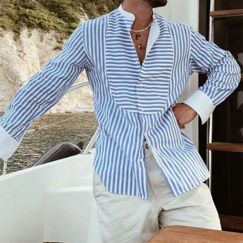 Mens Vertical Striped Stand Collar Long Sleeve Shirt Patchwork Button Front Loose Fit Vintage Casual Beach Holiday Blouse Tops