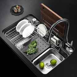 Kitchen Sink 304 Stainless Steel Large Single Slot Wash Basin Dishwashing Pool Basin Nano Star Sky Embossing Pattern Water Tank