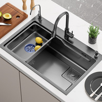 Matte Black Nano Kitchen Sink Above Mount Washing Basin with chopping board 304 Stainless Steel Single black kitchen sink