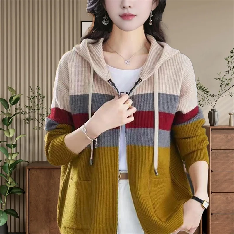 New Spring Autumn Women Hooded Knitted Jacket Fashion Color-blocking Striped Cardigan Sweater Casual Wild Zipper Sweater Coat
