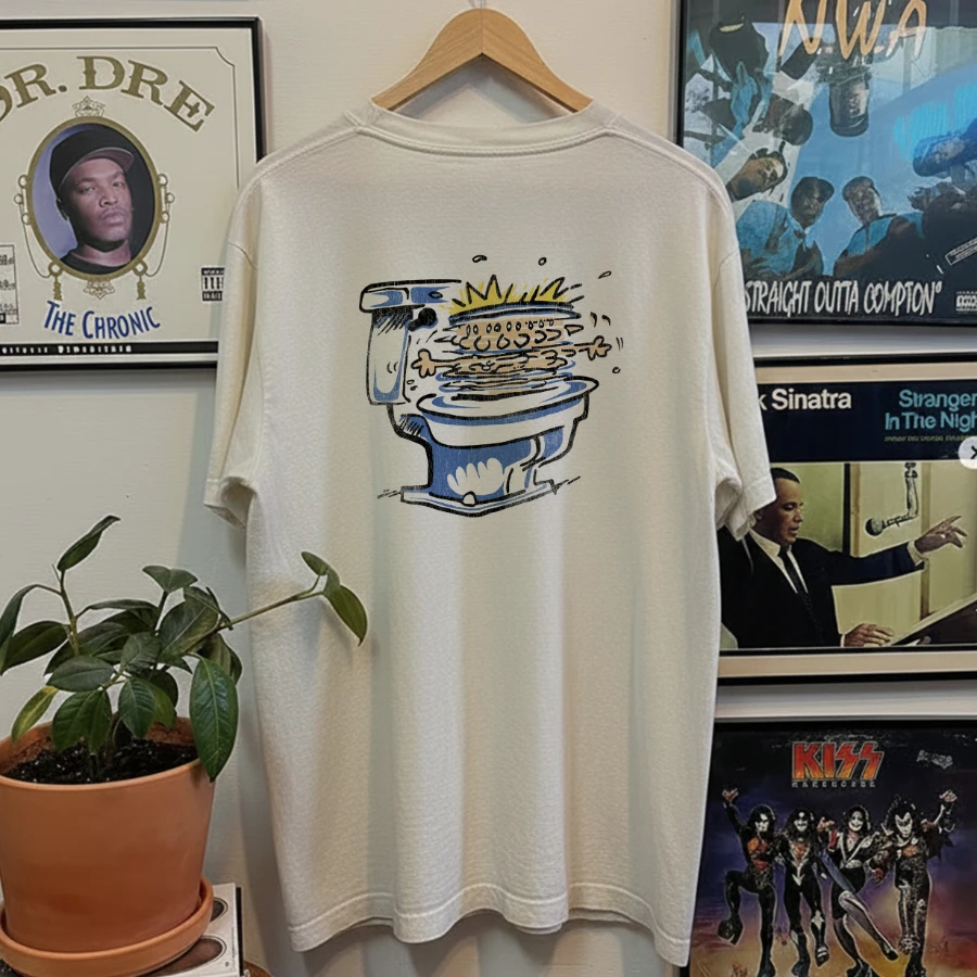 1990 Calvin and Hobbes Spin Cycle Washed White Tee Y2K Style Underground Print Loose Retro Summer