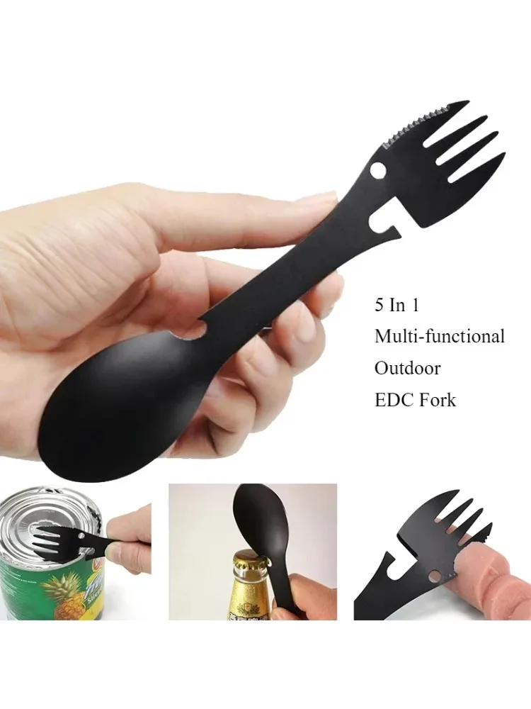 Outdoor-Überlebenswerkzeuge 5-in-1 Camping Multifunktionales EDC-Set Praktische Gabel Messer Löffel Flaschen-/Dosenöffner