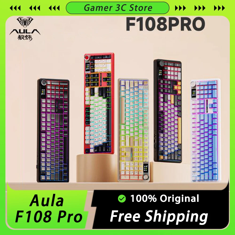 Aula F108 Pro Mechanical Keyboard Tri Mode Wireless Keyboard Custom Multi-Knob Screen 8000mAh Gasket RGB Keyboard PC Accessories