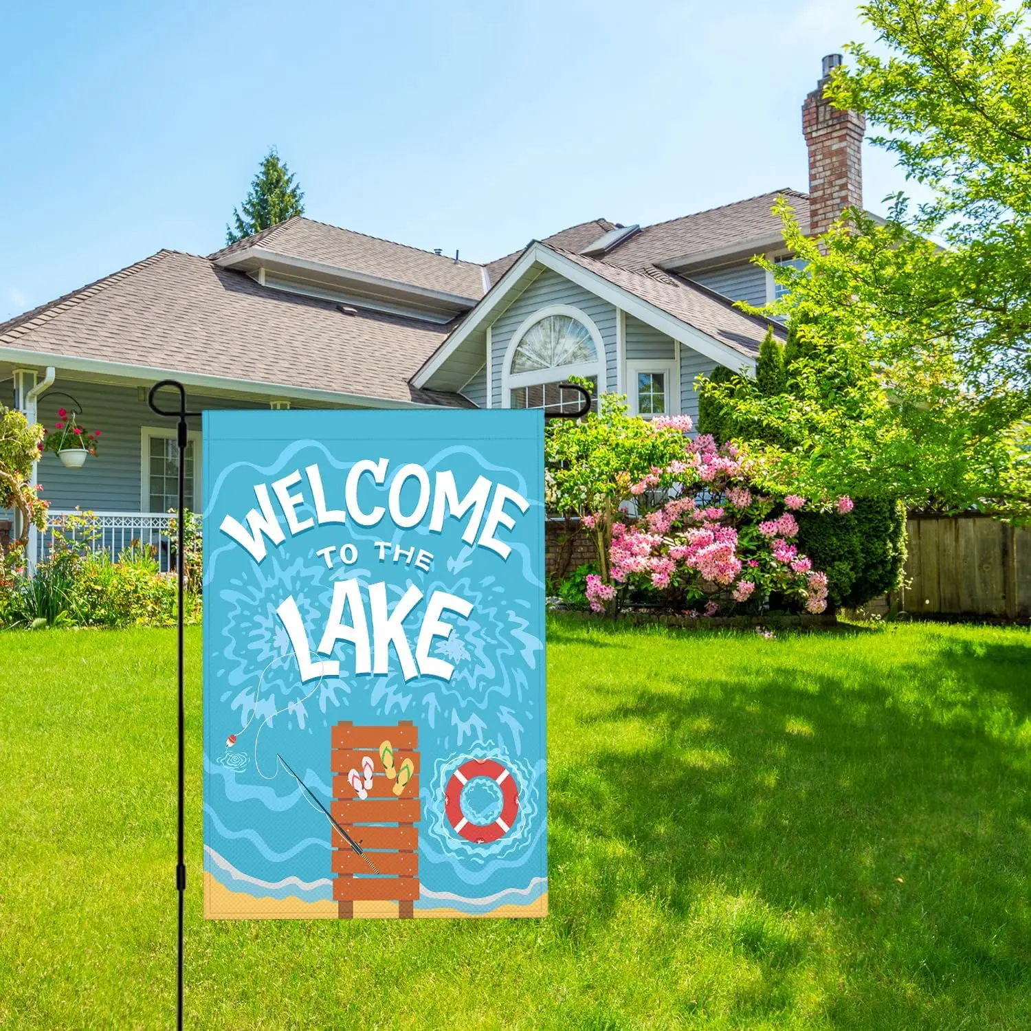 HGOD DESIGNS Welcome To The Lake Garden Flag 12x18 Inch Double Sided Hello Summer Blue Pool Bridge Bathing Buoy Flip Fishing jjp