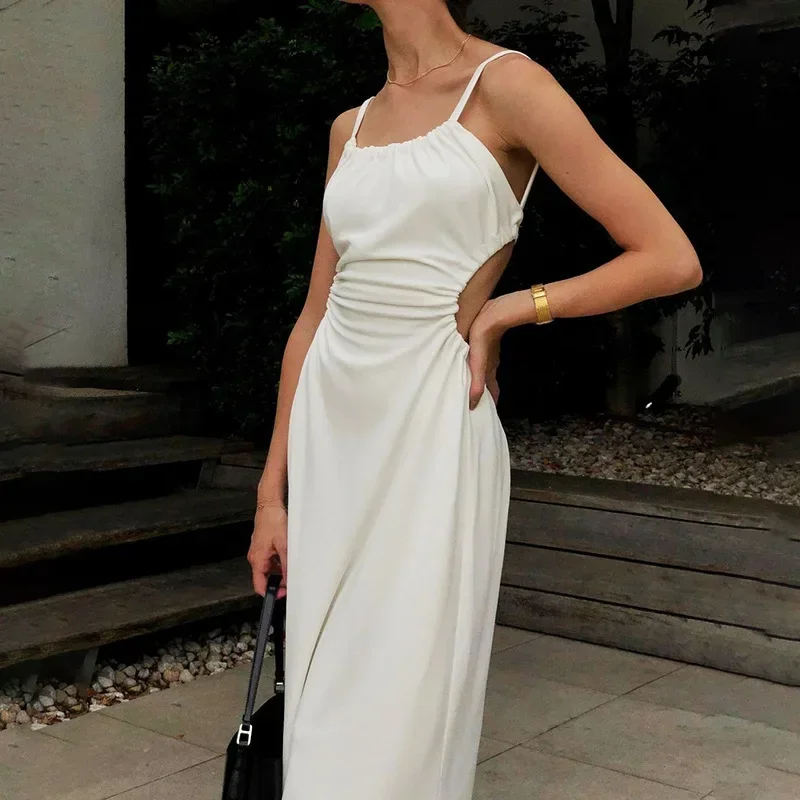 

Women Elegant Backless Bandage Dresses Sexy Summer Beach bridesmaid Fashion Spaghetti Strap White Long Dress midi dress