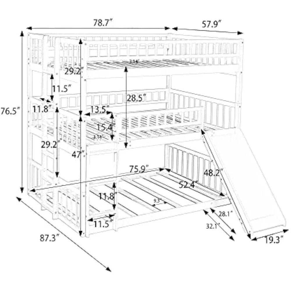 Dreifach-Etagenbett mit Rutsche, voll über volles Etagenbett, umwandelbare Dreifachbetten für Kinder/Jugendliche/Erwachsene, Kinderbetten