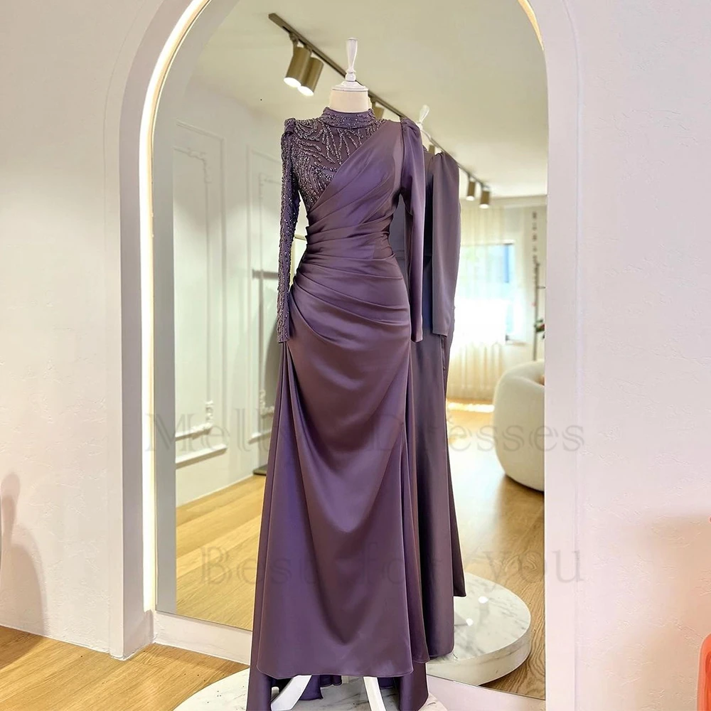 

Gorgeous Purple Evening Dresses for Women HIigh Neck Full Sleeve Prom Gowns Beading Sheath Vestido De Noche Pleat Satin New