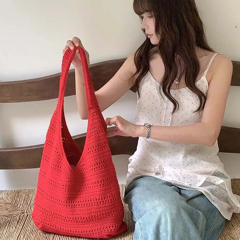 

Large Capacity Crochet Tote Lightweight Breathable Texture Hollow Out Shoulder Bag Aesthetic Openwork Sturdy Strap Knit Hobo Bag