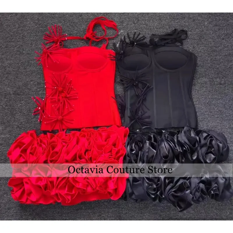 

Women Sexy Rose Skirt Bandage Sets Halter Corset Top And Mini Skirts Two Piece Sets High Street Evening Club Party Outfits