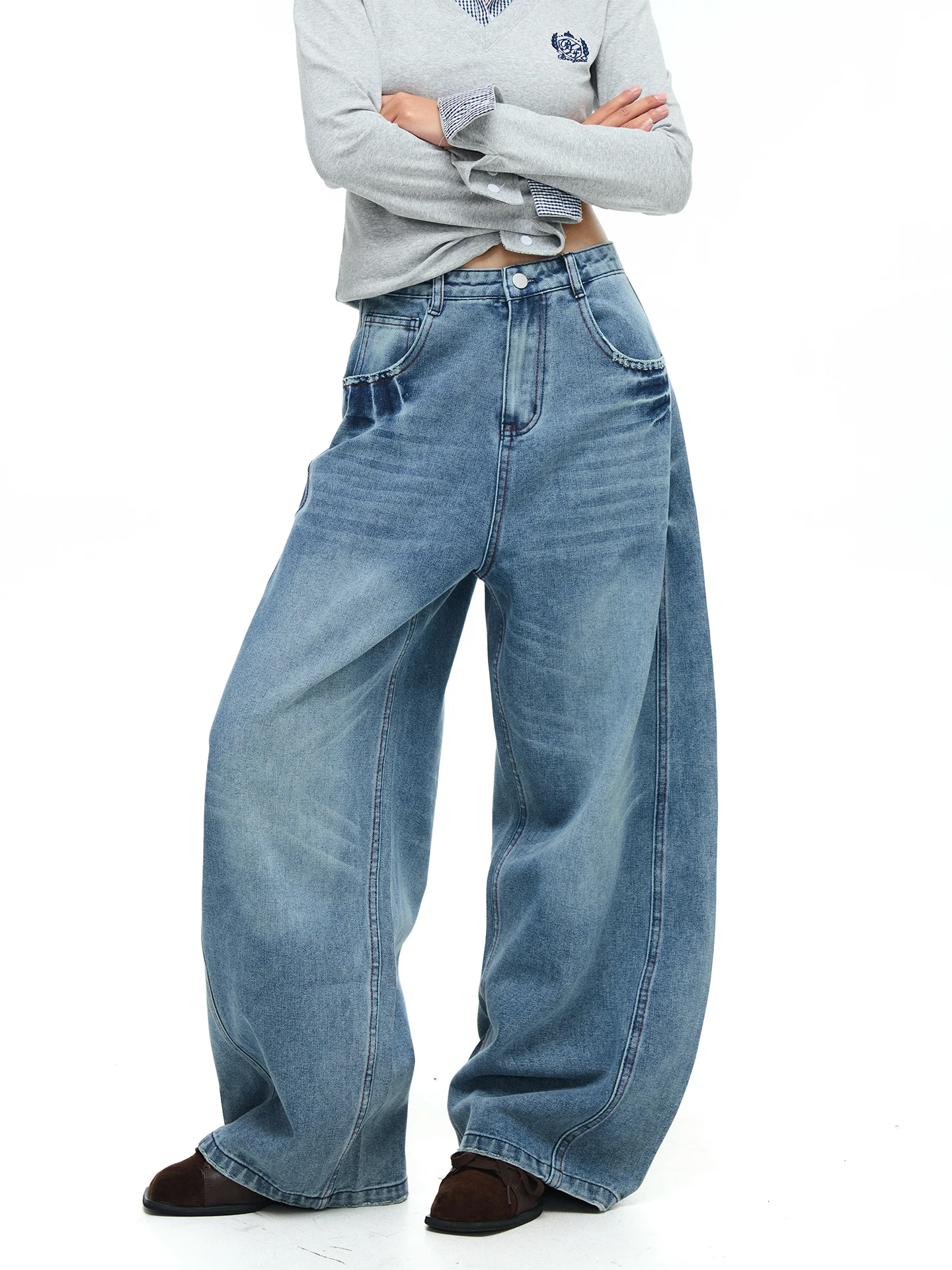 

Chen Stiy Old Store American Retro Draped Floor-Length Jeans Women High-End Feeling Waed Loose Scythe Pants Casual Wear