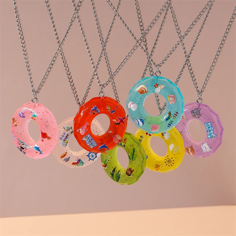 Fashion Colorful Resin Swim Ring Pendant Necklace for Women Girls Summer Beach Holiday Jewelry Gifts