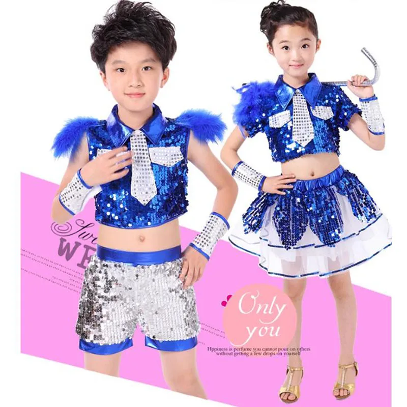 New Boy girl Blue Yellow Sequin Jazz dance stage costume clothes hiphop sexy modern dancewear ballrrom dress skirt suit tutu