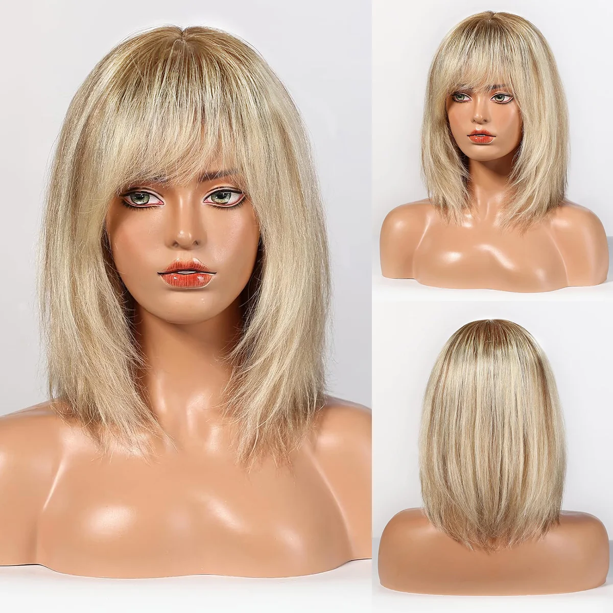Ombre Brown Blonde Remy Human Hair Short Straight Bob Hair Wigs With Bangs 12 Inches Human Hair for Women Shoulder Length Hair