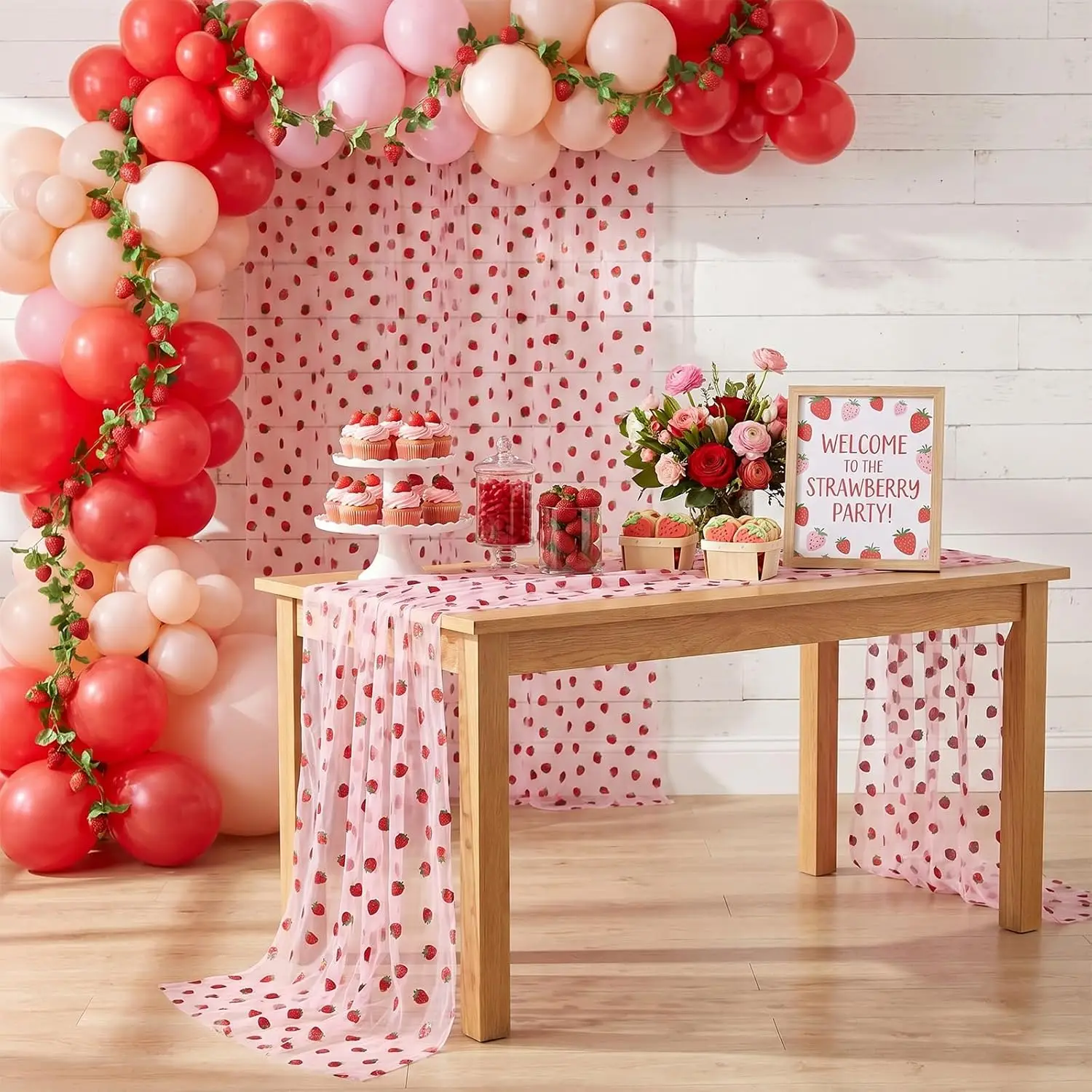 4 Packs 75*180CM Strawberry Tulle Table Runner,Sheer Pink Glitter Mesh Strawberry Tablecloth For Wedding Girls Brithday Party