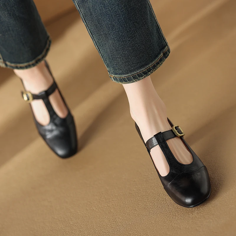 2024 Spring Mary Janes Genuine Leather Women Shoes Square Toe Thick Heel Women Buckle Strap Commute Pumps Retro High Heels