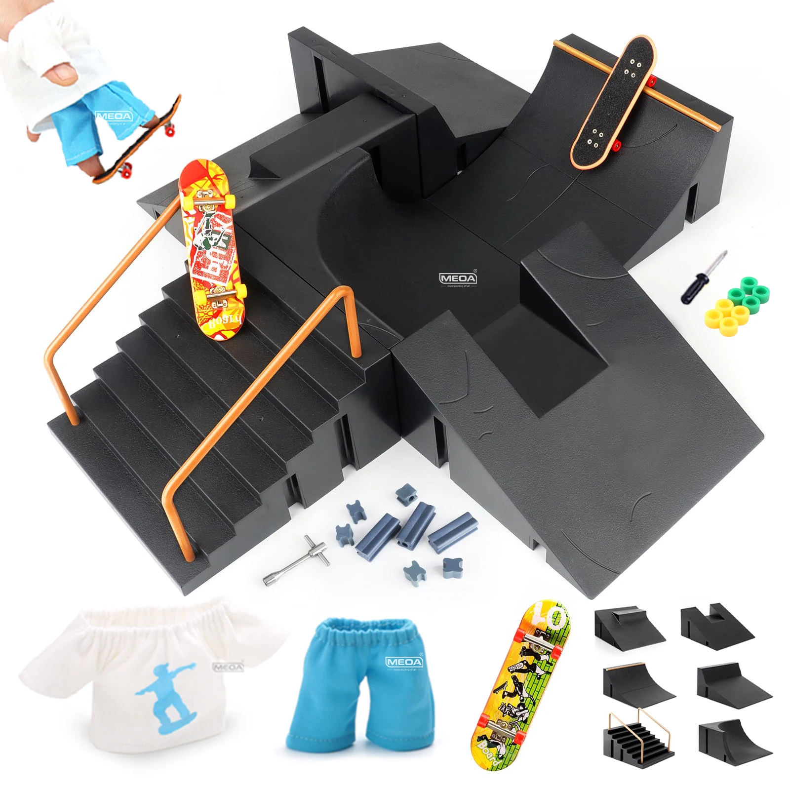 DIY Finger Skatepark Kit Mini Finger Skateboard Park Deck Rampe für Tech Practice Platform Stunt mit Kleidungsset