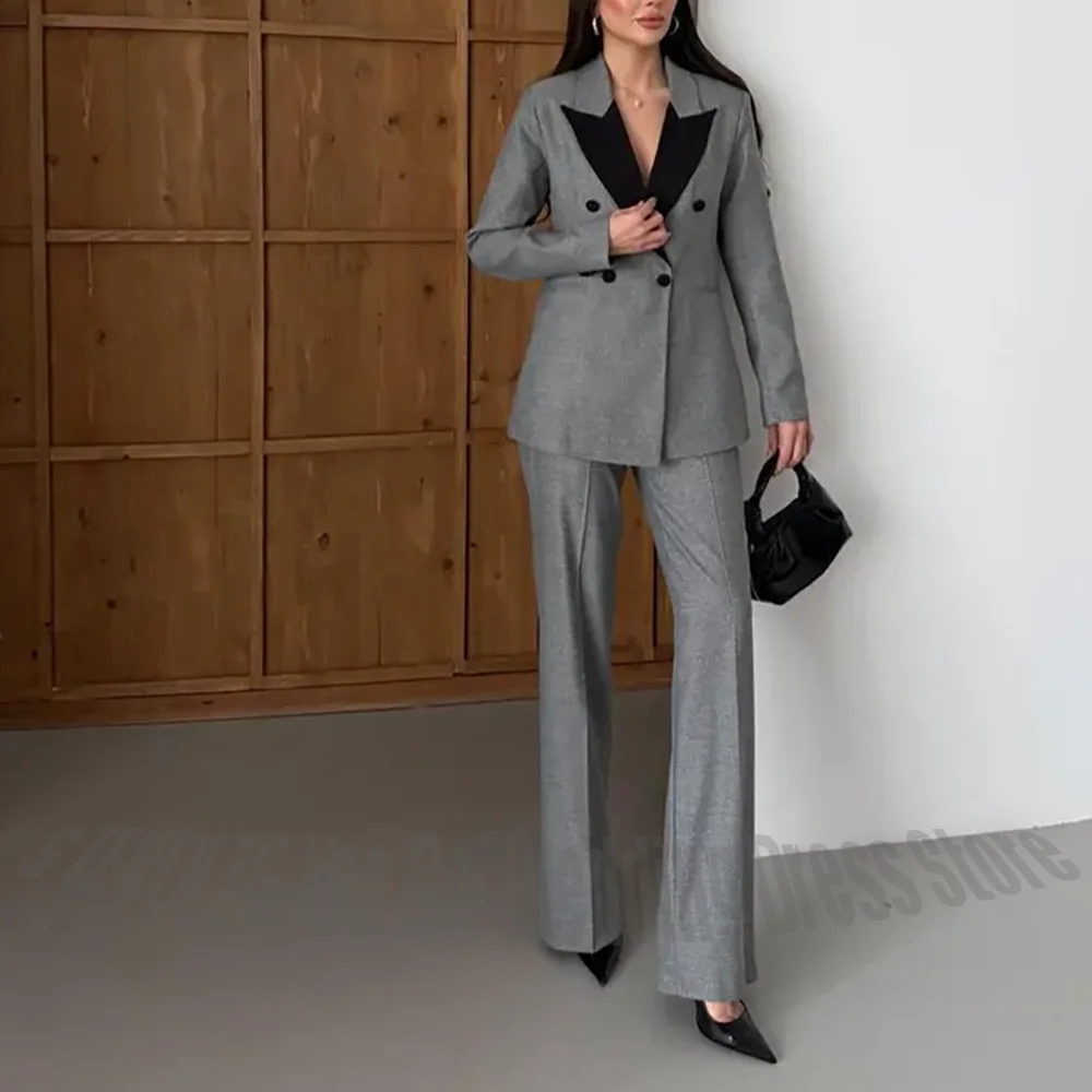 Grey Women Suit 2 Pieces Peaked Lapel Straight Fit Formal Business Outfit for Office Work Wedding Guest Party Streetwear Fashion