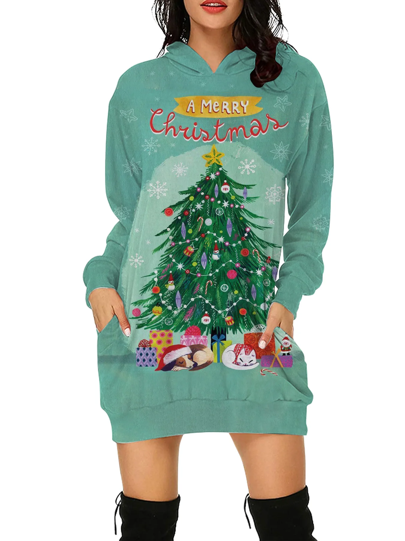 2024 Cartoon Christmas Tree Print Hoodies Fall/Winter Women\'s Long Sleeve Hoodies&Sweatshirts Casual Party Hooded Short Dresses