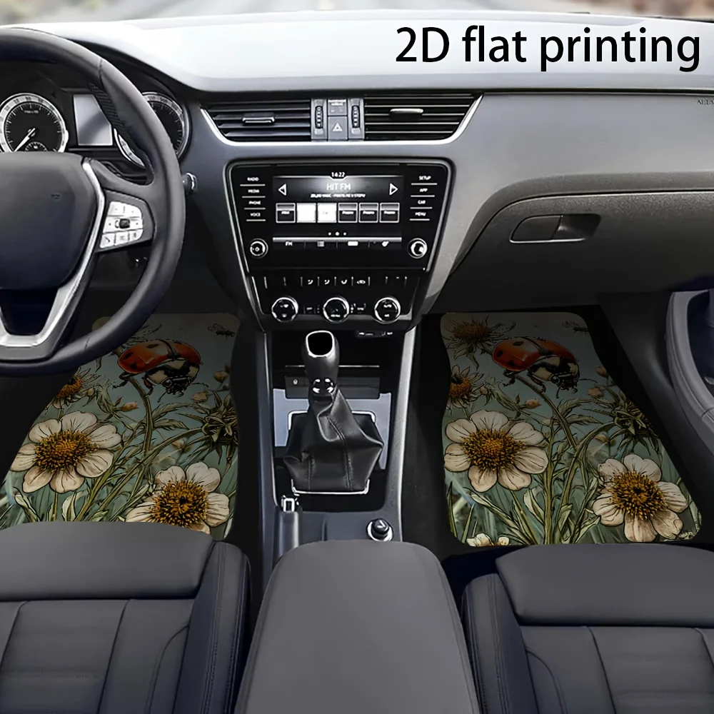 Just, 4pcs Car Floor Mats, Ladybug And Bee Pattern In Flowers, Polyester Fiber Material, Neutral Car Floor Mats, All Year Roundn