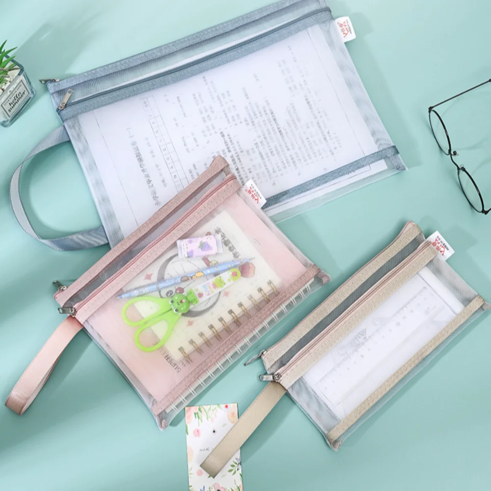 حقيبة تخزين A4/A5 بسحاب بطبقة مزدوجة حقيبة أقلام رصاص شبكية مع مقبض حقائب مكياج لمستحضرات التجميل لألعاب المكاتب المدرسية