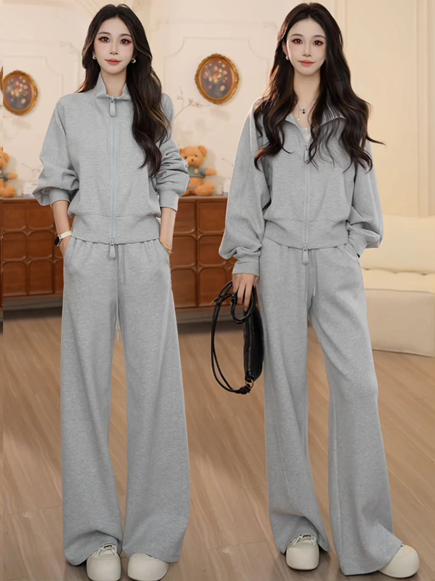 

Faionable Lazy Sle Women's Outfit Autumn 2025 Wide Leg Pants Sweatirt Two Piece Set High Waist Zipper Casual Comfortable