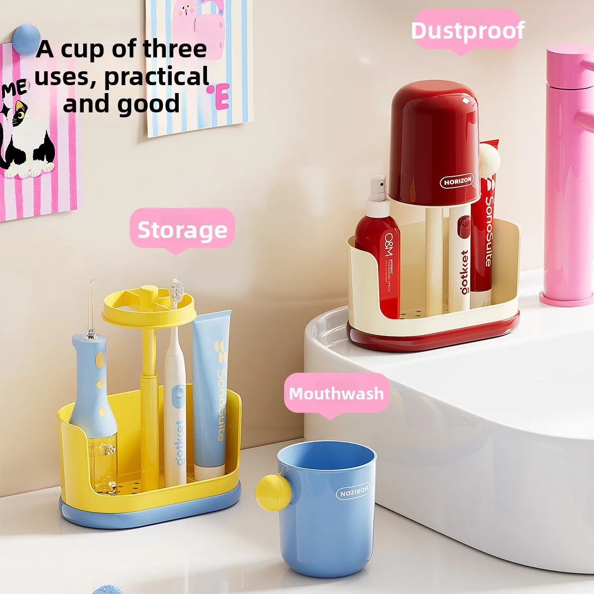 Student Dormitory Dopamine Household Toilet Cup Holder Household Dustproof Toilet Cup Set Toothbrush Holder,Adjustable Height