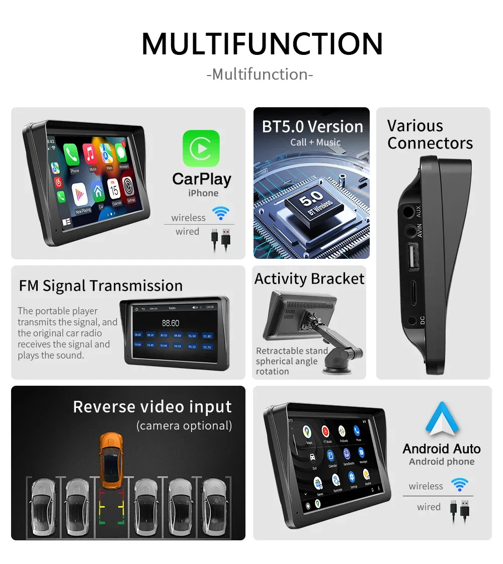 Car Radio 1 Din Carplay Android Auto Multimedia Player HD Touch Screen FM AUX Input Bluetooth MirrorLink Universal Autoradio