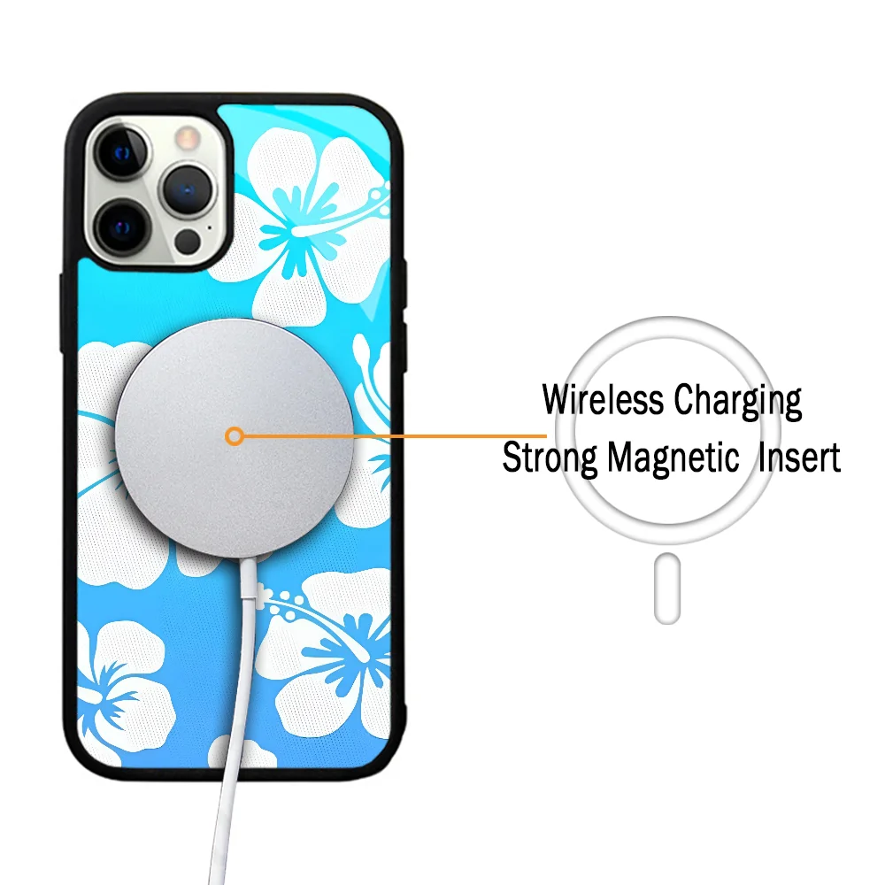 Blue Hibiscus Phone Case For IPhone 11 12 13 14 15 Plus Pro Max Mirror Acrylic Cover For Magsafe Wireless Charging