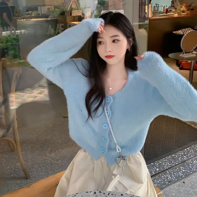 Pink Loose Sweater Coat 2023 Autumn Winter Women New Temperament Sweet Gentle Short Soft Glutinous Knitted Cardigan