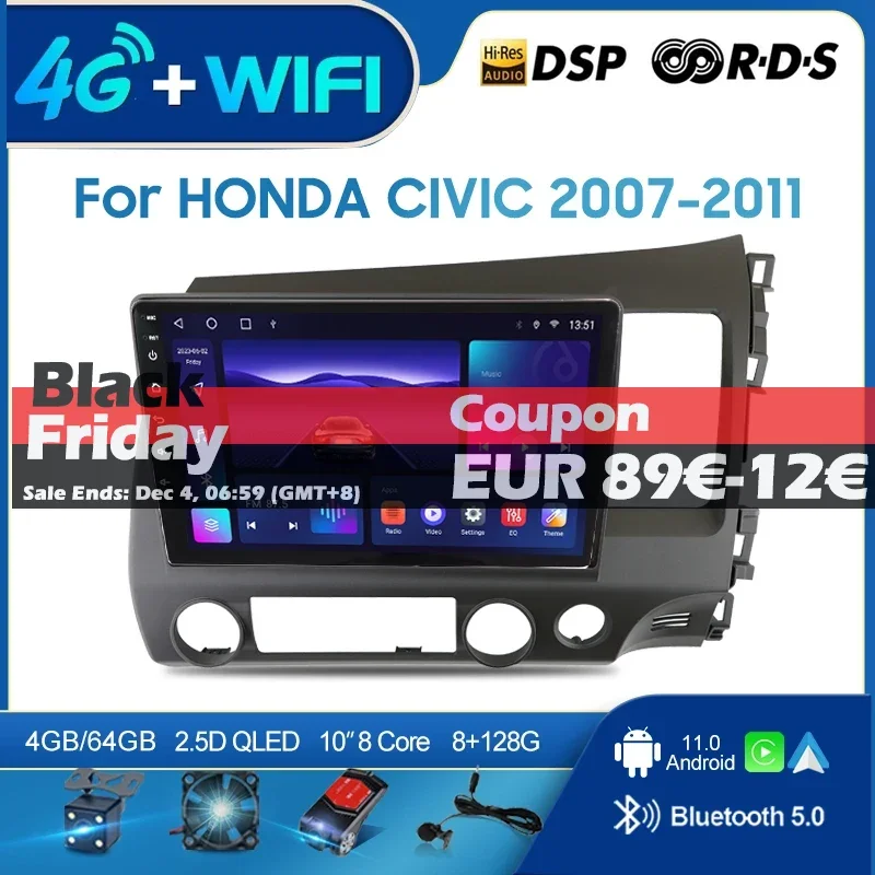 QSZN For HONDA CIVIC 2007-2011 RHD 2 din Android 12.0 Car Radio Multimedia Video Player GPS Navigation 4G Carplay Head unit