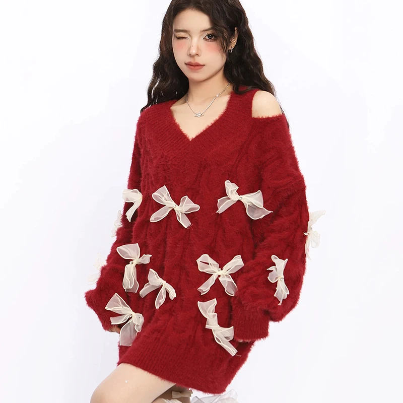 Lazy Wind Loose Sweater Women Sweet Bow Elegant Chic Knitted Jumper Fall Winter Casual V Neck Long Sleeve Fashion Female Tops