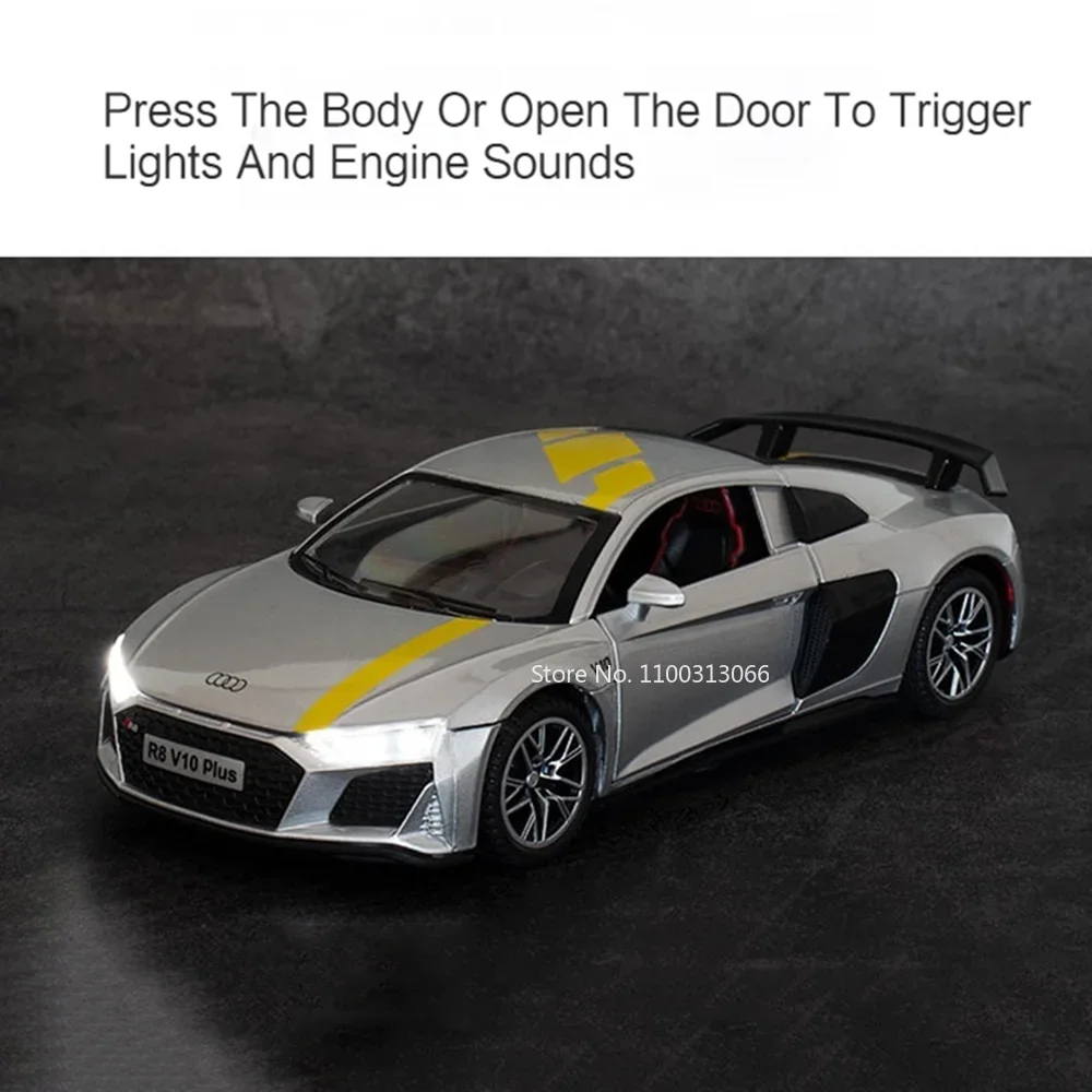 1:32 R8 V10 PLUSモデル おもちゃ 車 ゴムタイヤ 4ドア開閉 スーパーカー プルバック ライト サウンド スポーツカー 幼児 キッズ ギフト