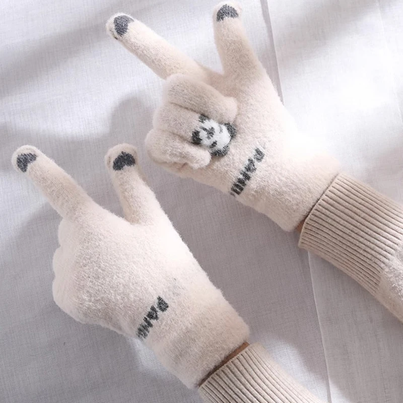 Winter Warm Plush Gloves Cute Cartoon Panda Ring Finger Knitted Gloves Touchscreen Gloves Outdoor Windproof Mittens