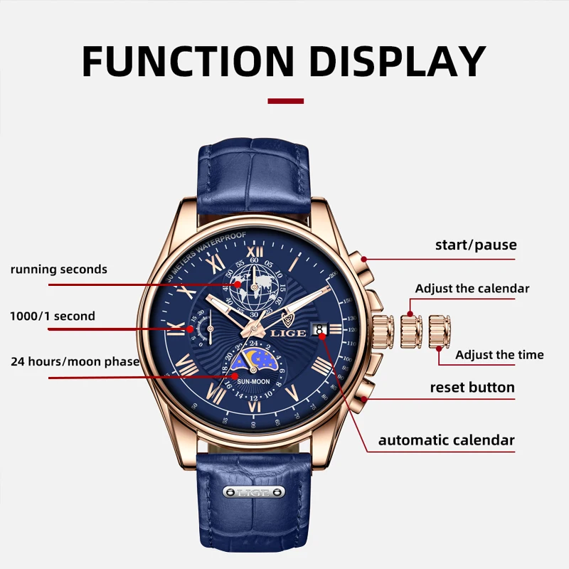 LIGE New Watch Luxury Watch Leather 30M Waterproof Sports Quartz Wristwatch Chronograph Date Watch for Men Relogio Masculino+Box