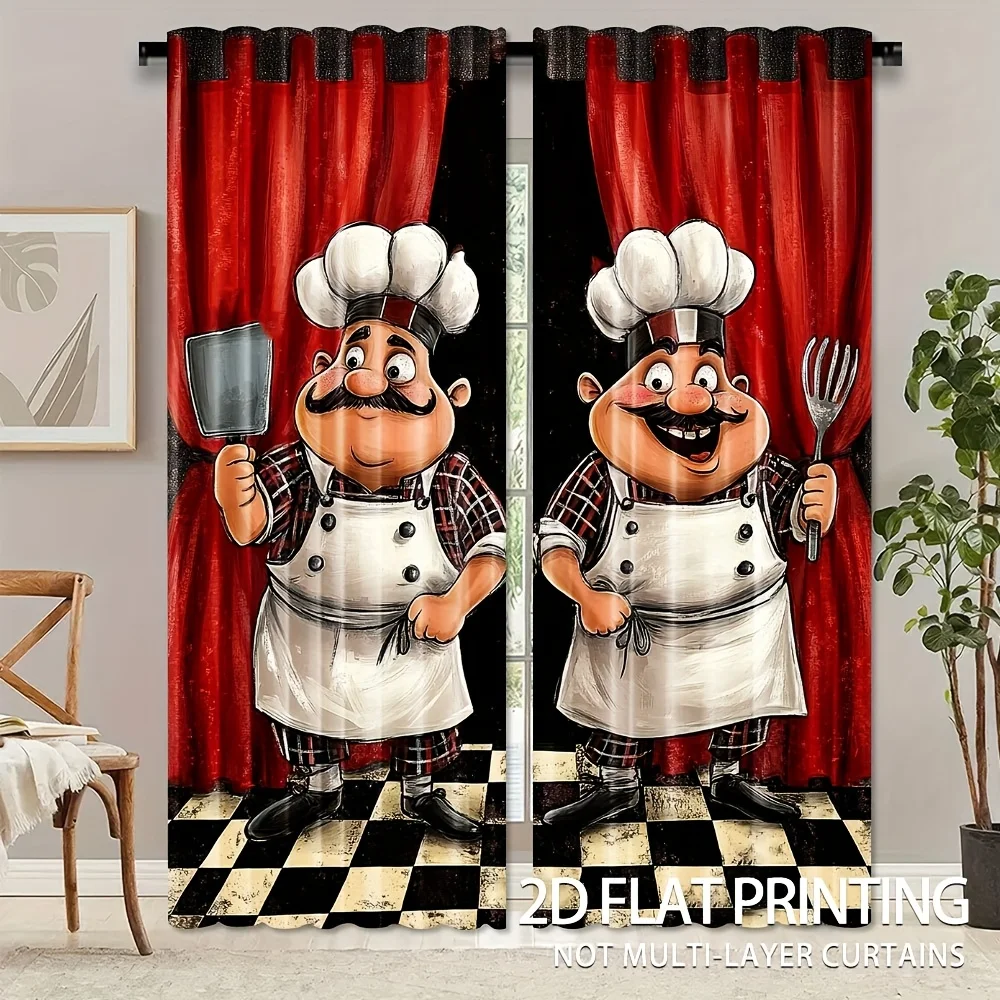 2pcs Chef Kitchen Curtains - Funny Chef Cooking Theme Window Drapes with Red & Black Buffalo Check Plaid, Semi-Sheer Polyester
