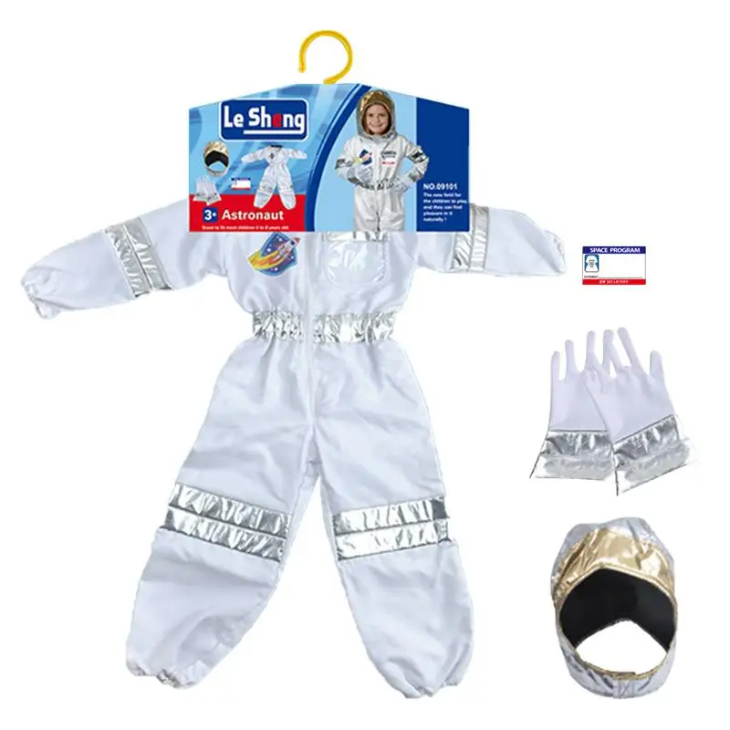 Traje espacial de astronauta infantil, traje prateado de Halloween, traje de voo com luvas e chapelaria, macacão menino