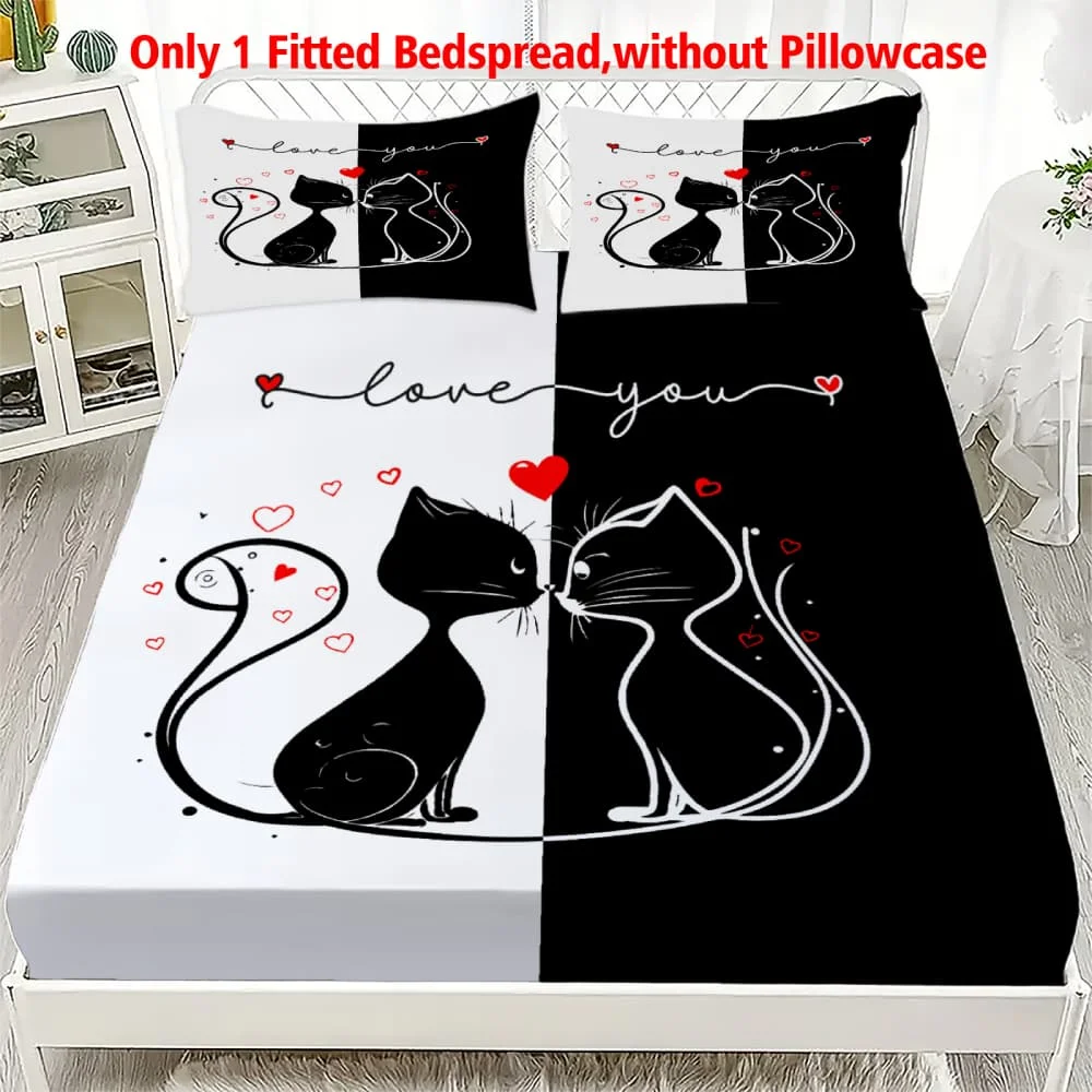 1pc Black & White Couple Cat Print Fitted Sheet Deep Pocket Elastic Mattress Cover Single Double Queen King Bedroom Decor