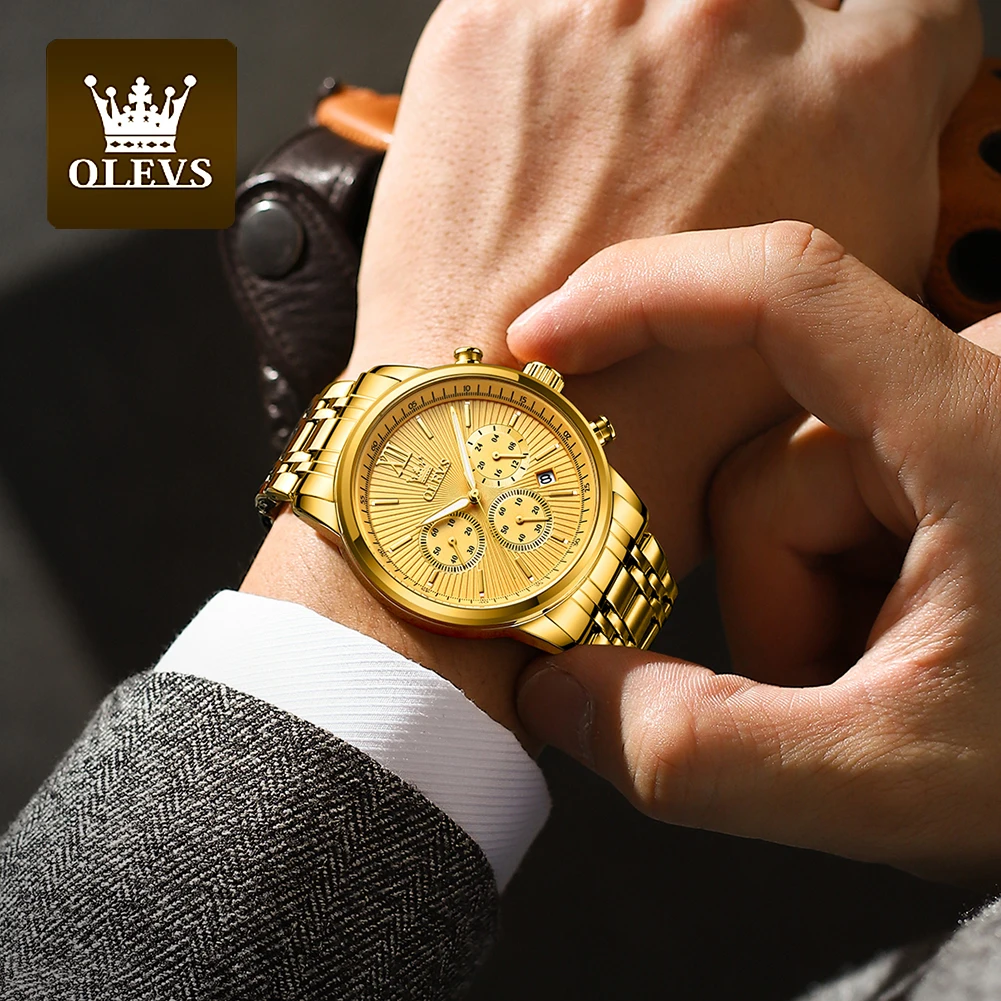OLEVS Official Exclusive Watch for Men Gold Stainless steel Strap Automatic Date Men's Quartz Watch