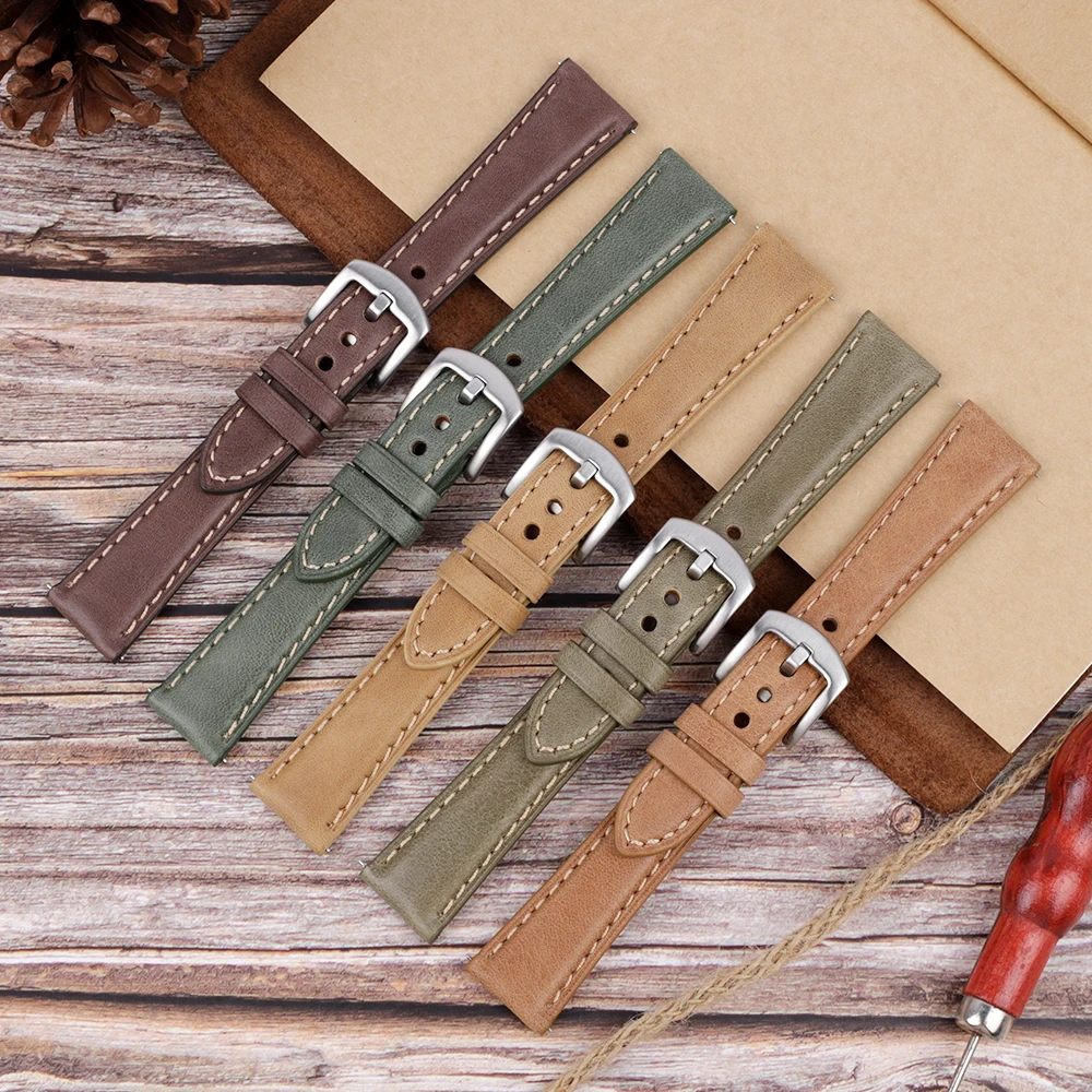 Genuine Leather Handmade Stitching Soft Watch Band 20mm 22mm Quick Release Strap for Women Men Watchband Replacement Accessories