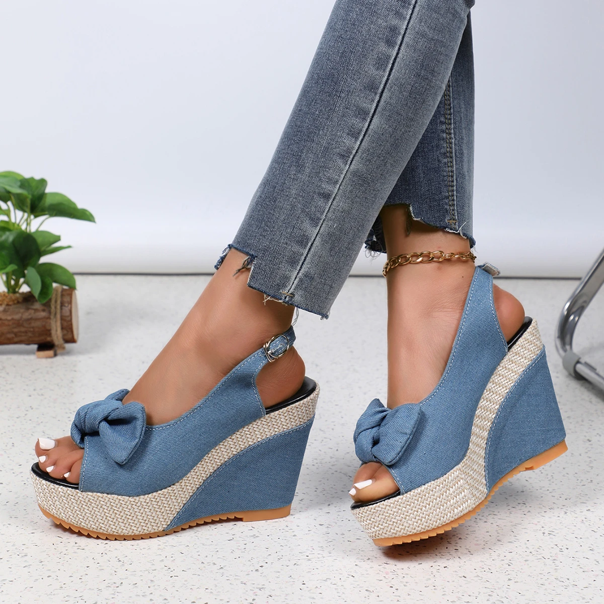 Women\'s Ankle Strap Peep Toe Platform Denim Wedge Sandals Zapatos De Mujer Wedges Sandal Thick Sole Sandalias High Heel Sandals