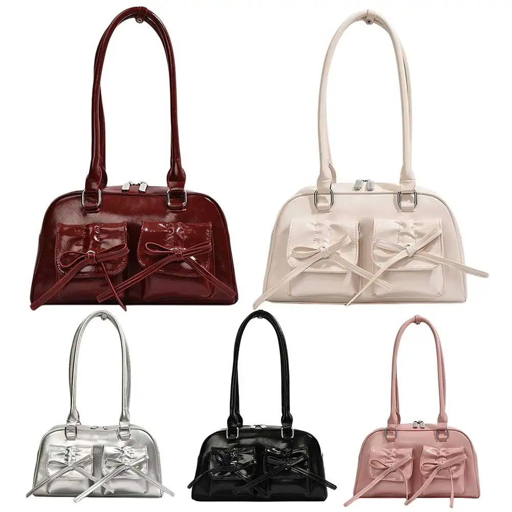 

Women Fashion Shoulder Bag Double Pockets PU Leather Stylish Underarm Bag with Bow Simple Shopping Bag Solid Color Chic Hobo Bag
