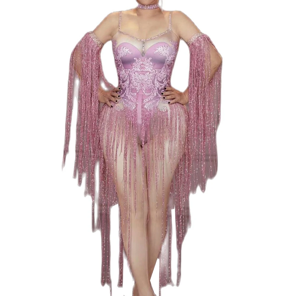 

Pink Fringes Camisole Bodysuit Pattern Printing Bodycon Nightclub Costumes Stage Wear Lady Personality Performance Costume